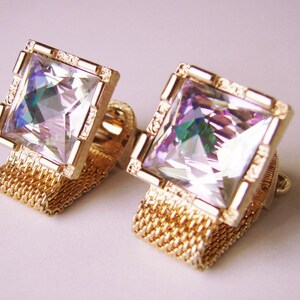 Gemelos vintage de malla retro con piedras de cristal Rivoli, tono dorado, para hombre o mujer, joyería, boda, accesorios de traje #392