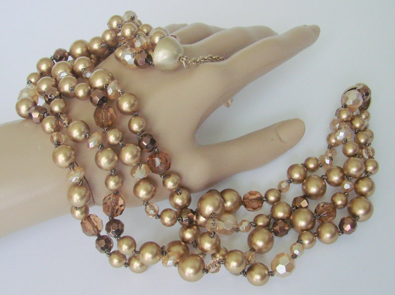 Retro Jewelry 1980s Vintage Bronze Amber Gold Aurora Borealis Bead Bid Necklace