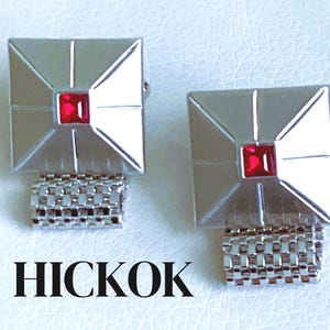 Vintage Hickok Wrap Cufflinks Silver Tone Faux Rubies Mid 20th Century 1960s Gift for Men #545
