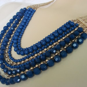 Royal Blue Lucite Bead Bib Statement Necklace, Gold Tone Bead Chains, Multi Strand, Runway, Vintage Costume Jewelry (A67)