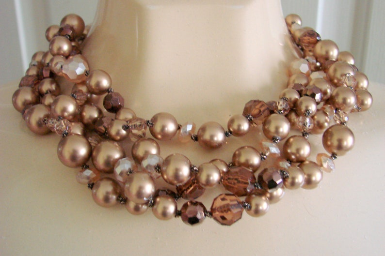 Retro Jewelry 1980s Vintage Bronze Amber Gold Aurora Borealis Bead Bid Necklace