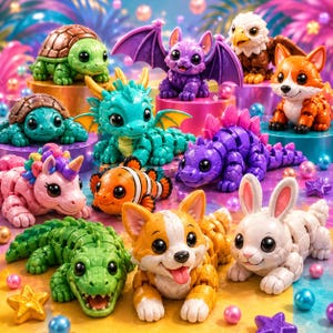 May include: A collection of colorful, articulated animal figurines, including a turtle, dragon, bat, eagle, corgi, unicorn, clownfish, stegosaurus, alligator, and rabbit. Each figure is brightly colored and has a cartoonish design, with large eyes and friendly expressions.