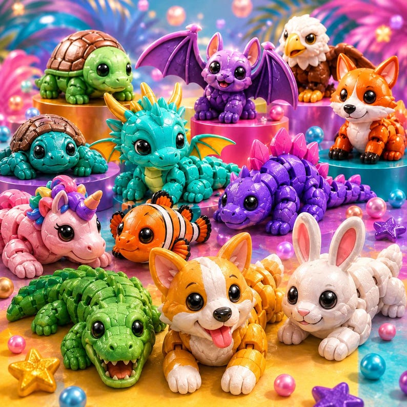 May include: A collection of colorful, articulated animal figurines, including a turtle, dragon, bat, eagle, corgi, unicorn, clownfish, stegosaurus, alligator, and rabbit. Each figure is brightly colored and has a cartoonish design, with large eyes and friendly expressions.