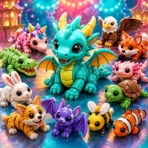 May include: A collection of colorful, cartoon-style figurines. The figurines include a dragon, a unicorn, a crocodile, a bunny, a corgi, a bat, a bee, a clownfish, a turtle, an axolotl, an eagle, and a fox. The figurines are brightly colored and detailed.