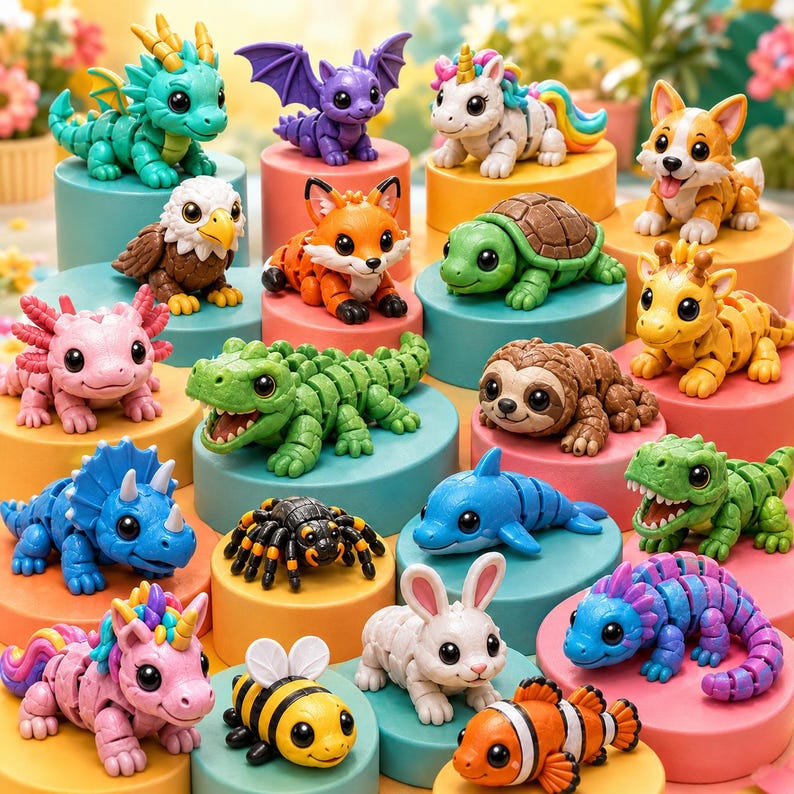 May include: A collection of colorful, miniature animal figurines, including a dragon, bat, unicorn, corgi, eagle, fox, turtle, giraffe, axolotl, crocodile, sloth, dolphin, dinosaur, spider, bunny, bee, clownfish, and lizard. Each figurine is posed on a small, round pedestal.