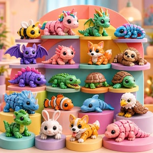 May include: A colorful display of miniature animal figurines, including a bee, unicorn, dragon, and axolotl. The figurines are arranged on a multi-tiered shelf with pastel-colored platforms. The collection features a variety of creatures in vibrant colors.