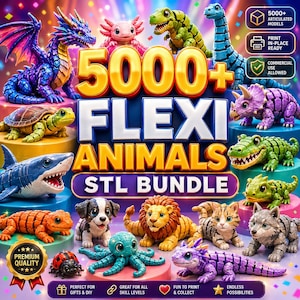 Puede incluir: Una imagen vibrante muestra una colección de animales Flexi impresos en 3D. La imagen presenta una variedad de modelos articulados coloridos, incluyendo un dragón, un tiburón y un cachorro. El texto dice "5000+ FLEXI ANIMALS STL BUNDLE" con iconos que indican impresión en el lugar y uso comercial.