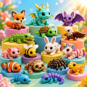 May include: A collection of colorful, articulated animal figurines, including a fox, dragon, bat, alligator, turtle, eagle, axolotl, bee, rabbit, unicorn, clownfish, sloth, spider, dolphin, and lizard. Each figurine is displayed on a small, round pedestal.