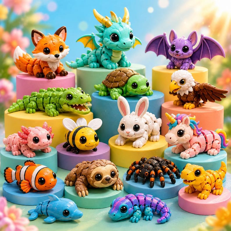 May include: A collection of colorful, articulated animal figurines, including a fox, dragon, bat, alligator, turtle, eagle, axolotl, bee, rabbit, unicorn, clownfish, sloth, spider, dolphin, and lizard. Each figurine is displayed on a small, round pedestal.