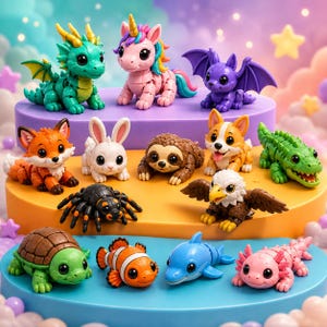 May include: A collection of colorful, articulated animal figurines, including a dragon, unicorn, bat, fox, rabbit, sloth, corgi, alligator, spider, eagle, turtle, clownfish, dolphin, and axolotl. The figurines are arranged on tiered platforms with a soft, dreamy background.