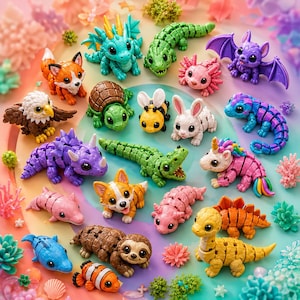 May include: A collection of colorful, miniature animal figurines. The assortment includes a fox, dragon, alligator, axolotl, bat, eagle, turtle, bee, rabbit, and more. Each figurine is brightly colored and detailed, showcasing a variety of creatures.