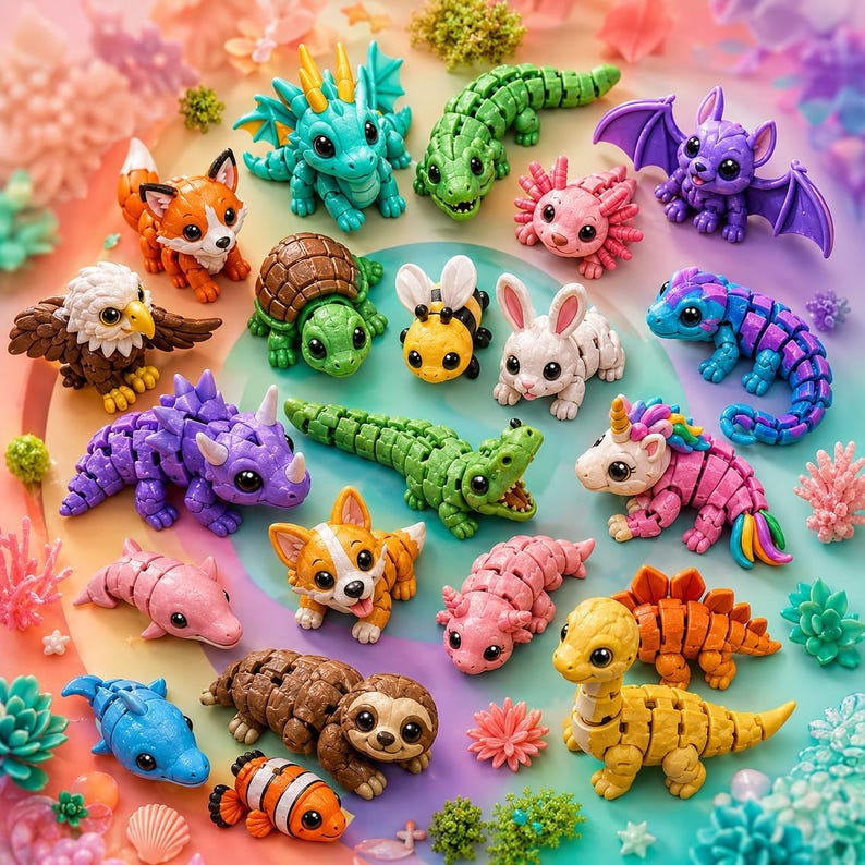 May include: A collection of colorful, miniature animal figurines. The assortment includes a fox, dragon, alligator, axolotl, bat, eagle, turtle, bee, rabbit, and more. Each figurine is brightly colored and detailed, showcasing a variety of creatures.