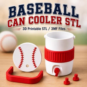 May include: A white and red baseball can cooler with a baseball design. The cooler has a red band and a red handle. The image also shows a baseball and the text "BASEBALL CAN COOLER STL".