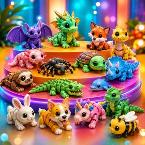 May include: A collection of colorful, articulated animal figurines, including a purple bat-like creature, a green dragon, a fox, a yellow dinosaur, a pink axolotl, a black spider, a turtle, a sloth, a green alligator, a blue dolphin, a white rabbit, a corgi, a unicorn, a green dinosaur, and a bee.