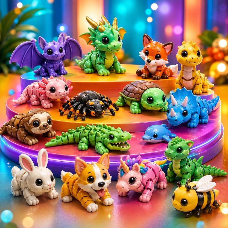 May include: A collection of colorful, articulated animal figurines, including a purple bat-like creature, a green dragon, a fox, a yellow dinosaur, a pink axolotl, a black spider, a turtle, a sloth, a green alligator, a blue dolphin, a white rabbit, a corgi, a unicorn, a green dinosaur, and a bee.