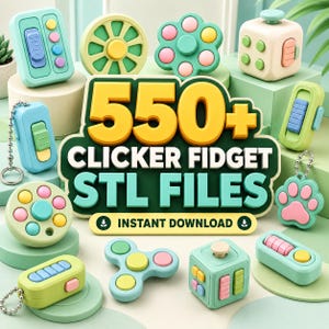 Puede incluir: Una colección de juguetes fidget clicker coloridos en varias formas, incluyendo cubos, spinners y llaveros. Los juguetes son en tonos de verde, azul, amarillo y rosa. La imagen incluye el texto "550+ Clicker Fidget STL Files" y "Instant Download".