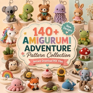 May include: A collection of crochet amigurumi keychains in various animal and object designs. The keychains include a koala, dinosaur, bear, jellyfish, bunny, unicorn, cactus, hedgehog, rainbow, bee, cupcake, fox, turtle, sunflower, whale, pug, elephant, frog, mushroom, and sloth.