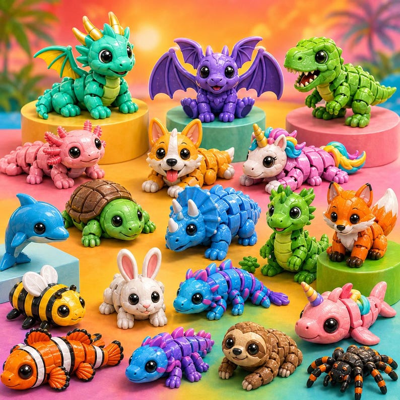 May include: A collection of colorful, articulated animal figurines, including a green dragon, purple bat, and orange fox. Other animals include a pink axolotl, a corgi, a unicorn, a dolphin, a turtle, a bee, a bunny, and a clownfish.