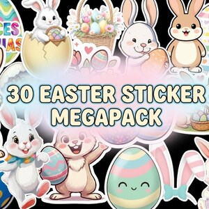 May include: A collection of 30 Easter-themed stickers featuring cartoon bunnies, decorated eggs, and baskets. The stickers are in various colors, including pastels and bright hues, with the text "Felices Paschas" visible on one. The stickers are perfect for decorating Easter cards and gifts.
