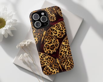 Leopard Butterfly Phone Case, Burgundy Animal Print Cover for iPhone 17 16 15 14 Pro Max, Samsung S26 S25 S24 S23, Pixel 9 8 7