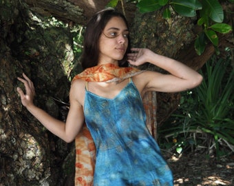 Medium Natural Silk Satin Longer Style Camisole dyed with Indigo and native plants. Pure Silk, Natural Plant dyes Size 12 Australian Size