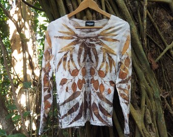 SOLD Small Leaf Print Eco Natural Dye Pure Merino Wool Thermal Long Sleeve Top Shirt Size 10 Aust size
