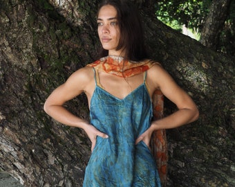 Medium Natural Silk Satin Longer Style Camisole dyed with Indigo and native plants. Pure Silk, Natural Plant dyes Size 12 Australian Size