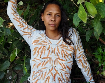 Medium-Large Leaf Print Eco Natural Dye Pure Merino Wool Thermal Long Sleeve Top Shirt Size 12-14 Aust size