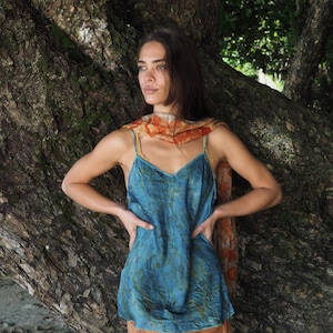 Medium Natural Silk Satin Longer Style Camisole dyed with Indigo and native plants. Pure Silk, Natural Plant dyes Size 12 Australian Size