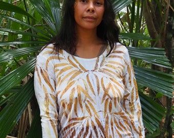 Medium Leaf Print Eco Natural Dye Pure Merino Wool Thermal Long Sleeve Top Shirt Size 12 Aust size