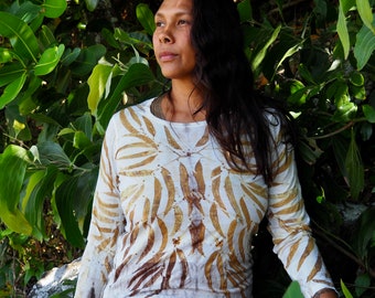 Medium-Large Leaf Print Eco Natural Dye Pure Merino Wool Thermal Long Sleeve Top Shirt Size 12-14 Aust size