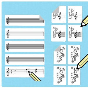 May include: A set of five blank music staff paper sheets with a treble clef and a yellow pencil. The sheets are on a light blue background. There are also five stickers with musical notes and a treble clef on them.