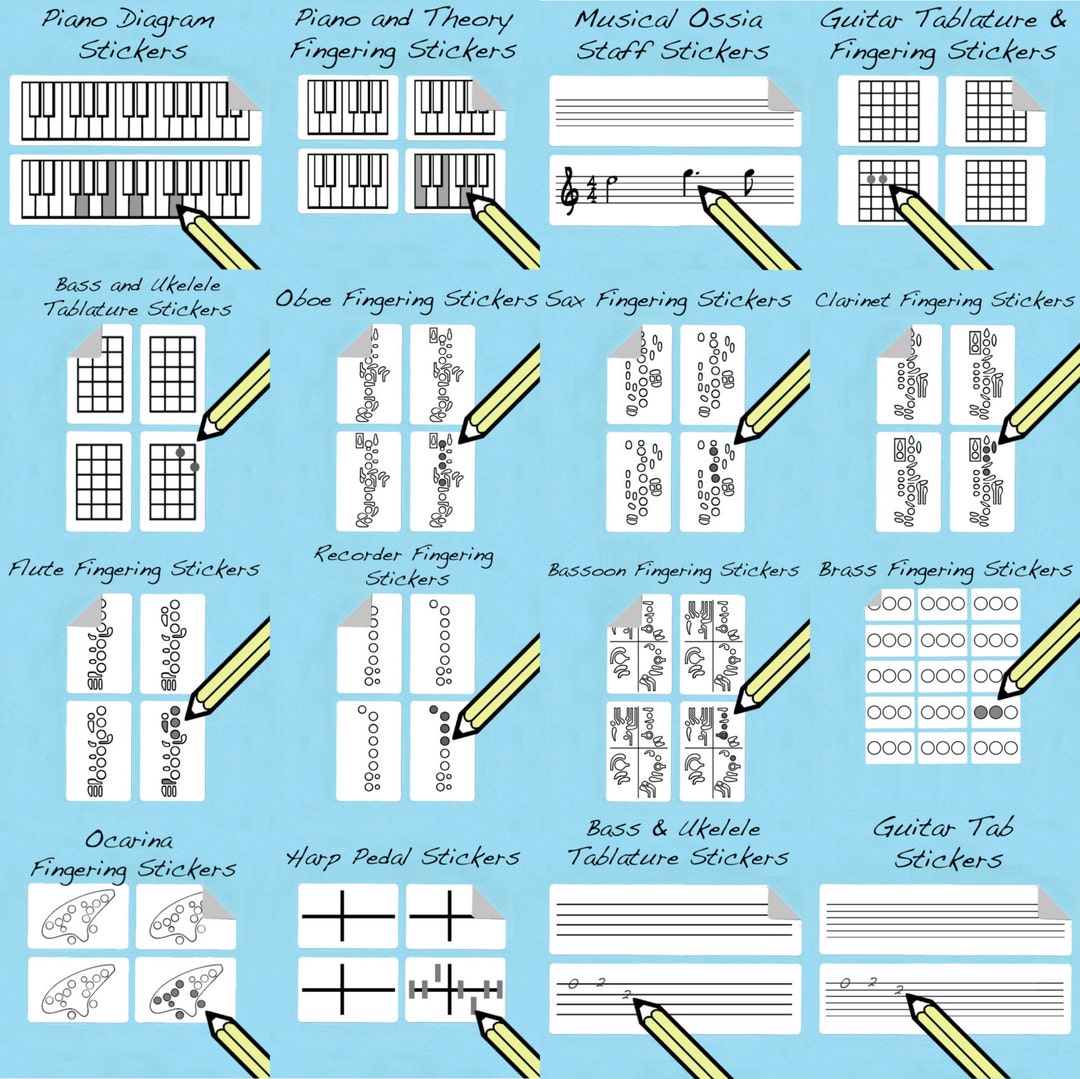 Music Instrument Fingering Stickers 250 pack Flûte, Guitare, Ukulélé