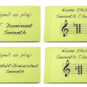 May include: Four yellow sticky notes with handwritten text and musical notation. The top left note says "Spell or play: F Dominant Seventh". The top right note says "Name this Seventh Chord:" and shows a musical staff with notes. The bottom left note says "Spell or play: E Half-Diminished Seventh". The bottom right note says "Name this Seventh Chord:" and shows a musical staff with notes.
