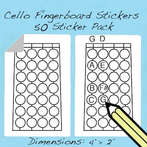 Peut inclure: Un paquet de 50 autocollants pour touche de violoncelle. Les autocollants sont des cercles blancs avec des contours noirs. Le paquet comprend une feuille d'autocollants vierges et une feuille avec des autocollants de lettres et de notes pour le placement de la touche de violoncelle. Les autocollants mesurent 10 cm sur 5 cm.