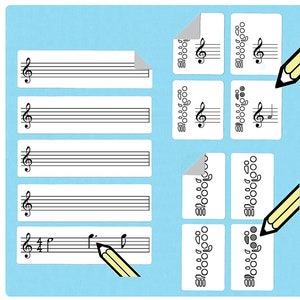 May include: A set of 10 reusable music staff stickers with a treble clef and five lines. The stickers are white with black lines and a black treble clef. The stickers are designed to be placed on a variety of surfaces, such as notebooks, folders, and binders. The stickers are perfect for musicians of all levels.