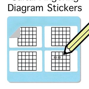 Puede incluir: Un paquete de 250 pegatinas de diagrama de digitación de guitarra. Las pegatinas son blancas con líneas de cuadrícula negras y puntos grises para indicar la colocación de los dedos. Las pegatinas se muestran sobre un fondo azul claro.