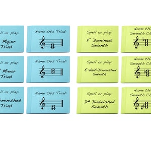 Flashcards com nomes de acordes (dois pacotes) - Ótimas tríades de aprendizado, acordes de sétima e harmonia