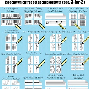 May include: A collection of 12 different sets of printable music stickers for various instruments, including piano, guitar, flute, oboe, saxophone, clarinet, recorder, bassoon, brass, ocarina, harp, and ukulele. The stickers are designed to help musicians learn fingerings and tablatures. Buy any 2 sets and get 1 more free with code 3-for-2.