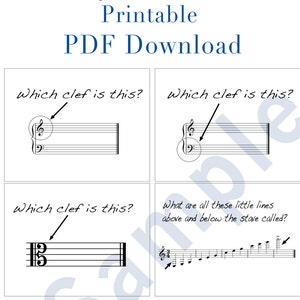 Peut inclure: Cartes mémoire imprimables en noir et blanc pour apprendre les symboles musicaux. Les cartes présentent différentes clés et la question "Quelle clé est-ce ?" La dernière carte montre une portée avec des lignes au-dessus et en dessous et la question "Comment s'appellent toutes ces petites lignes au-dessus et en dessous de la portée ?"