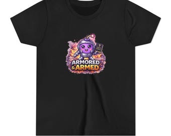 Armored & Armed Character Youth Tee | Cute Purple Helmeted Figure, Shield and Sword