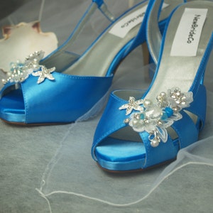 Size 8 Mermaid Blue Bridal Shoes Ready to ship, Satin Sandals, Starfish,Beach wedding, peep toe, slingback ocean heels, something blue acce