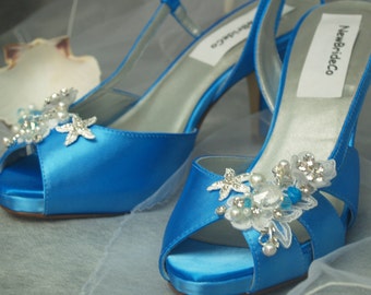 Size 8 Mermaid Blue Bridal Shoes Ready to ship, Satin Sandals, Starfish,Beach wedding, peep toe, slingback ocean heels, something blue acce