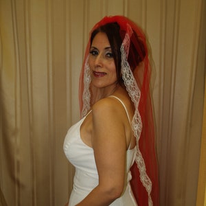 Red and White Wedding Fingertip Long Veil Single Tier, Christmas Wedding Veil, Love Lace Trim Valentines Veil, Red Wedding Veil