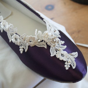 Eggplant Purple Flat Shoes with lace,Victorian Wedding Shoes US Lace pearls crystals embellished, purple ballet style slipper, bridal flats