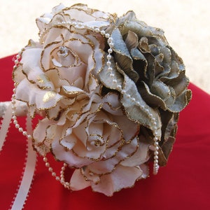 Victorian Brides bouquet antique gold and ivory velvet roses, 50th Anniversary bouquet, Gold Wedding, Toss Bouquet, Medieval Wedding bouquet