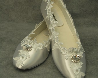 WEDDING Victorian Flat SHOES Ivory White Fine US Lace pearls crystals embellished, Wedding flat shoes Victorian, Lace Trimmed Satin Flats