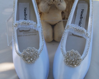 Wedding Shoes Ballet Style Flats Swarovski Silver Crystals flowers, Bling crystals White Satin Flats with Mary Jane stretch band,