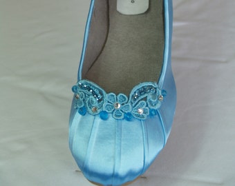 BLUE Wedding Flats, Something Blue shoes, Satin IVORY shoes hand enhanced, Blue Wedding shoes, rouged Satin Flats, Rounded Toe, Comfortable