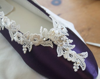 Eggplant Purple Flat Shoes with lace,Victorian Wedding Shoes US Lace pearls crystals embellished, purple ballet style slipper, bridal flats